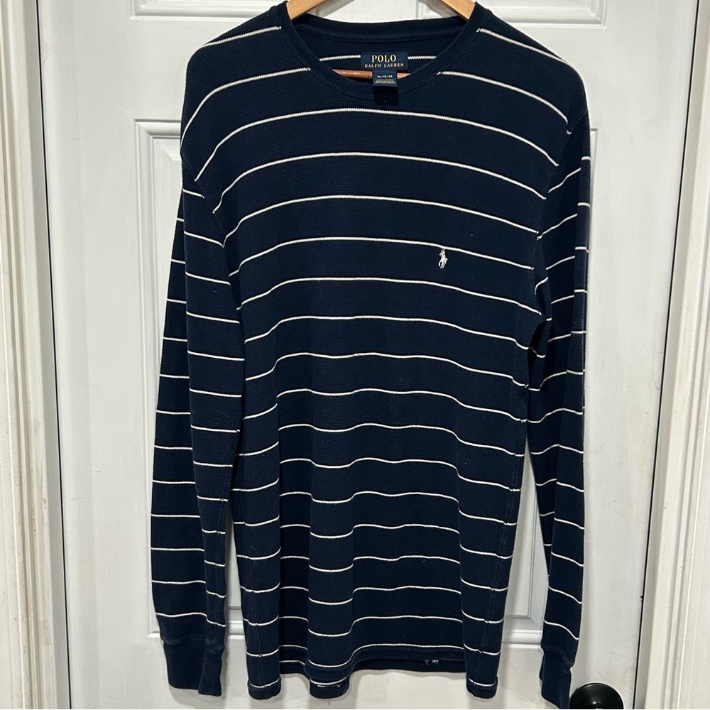 Ralph Lauren Gold Label Men’s Waffle Knit Thermal Shirt, Navy Striped, Sz XL